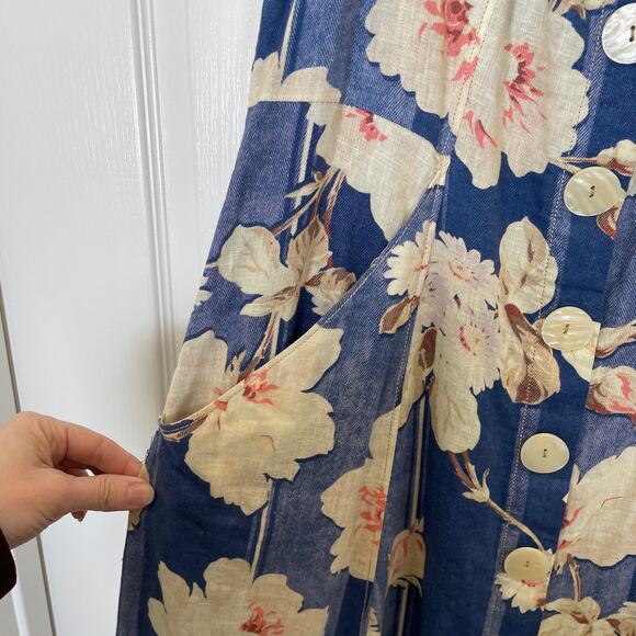 Anthropologie Camellia Collared Dress Blue Floral Button Front Pockets Retro 8 - Picture 5 of 7